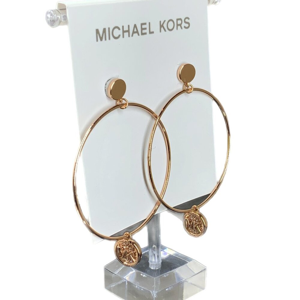 NEW! Michael Kors Charm Dangle Large Hoop Earrings Pave Crystals Rose Gold MK